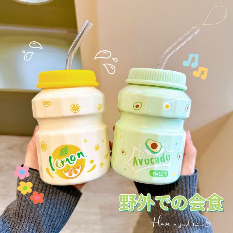 Creative with straw ceramic cup good-looking small girly bottle fresh breakfast cup office Cup cute yiliduo mug