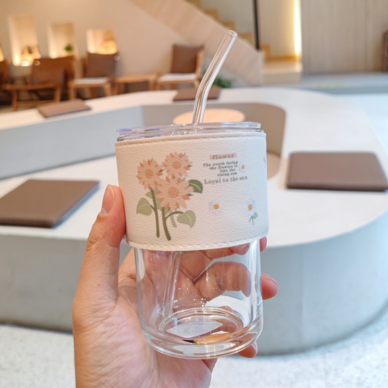 Internet celebrity sunflower straw glass cup with leather case anti-scald Coffee Cup fashion double drinking cup heat resistant cup wholesale