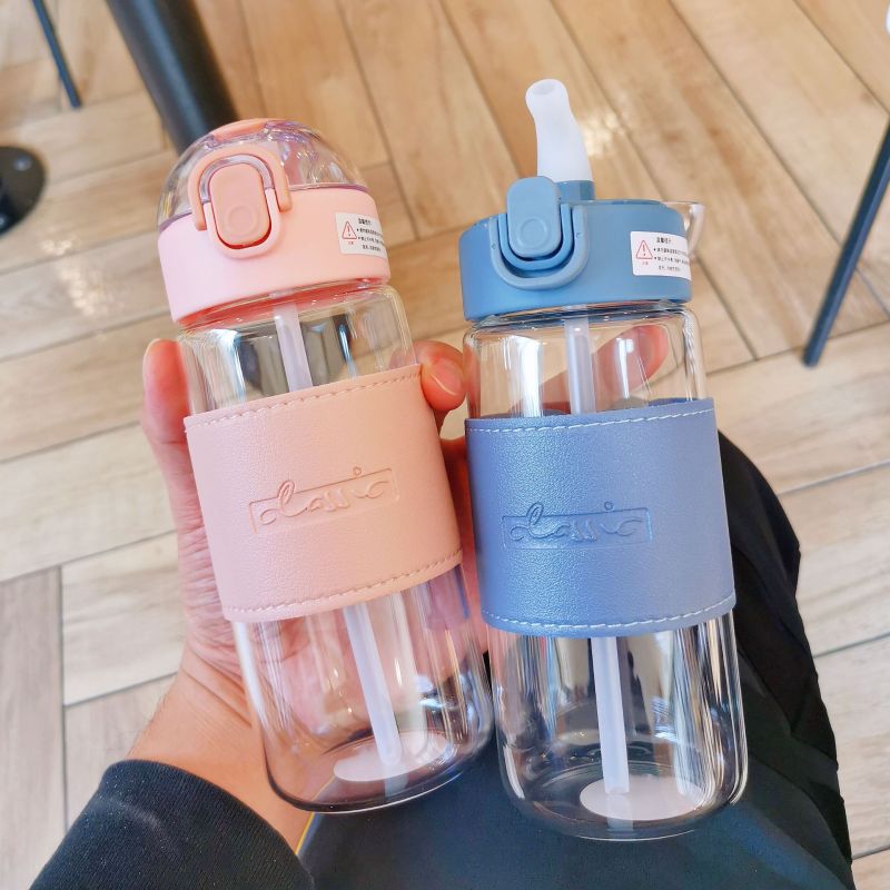 Fashion simple borosilicate glass water cup leather cover anti-scald portable office Cup portable straw tea brewing water Cup