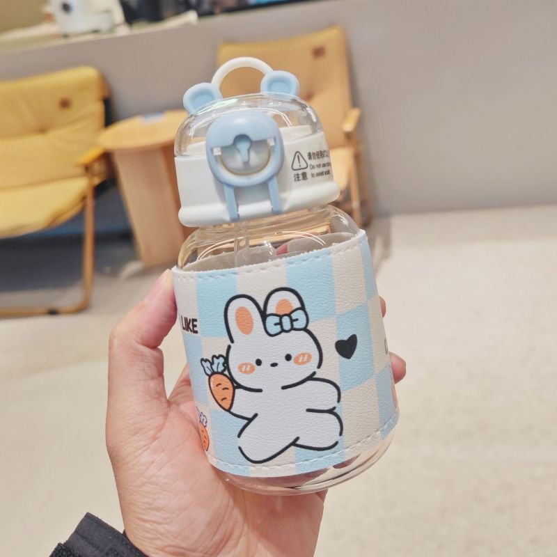 New cute bear glass high-profile figure cup with leather cover anti-scald straw Cup student gift Cup wholesale