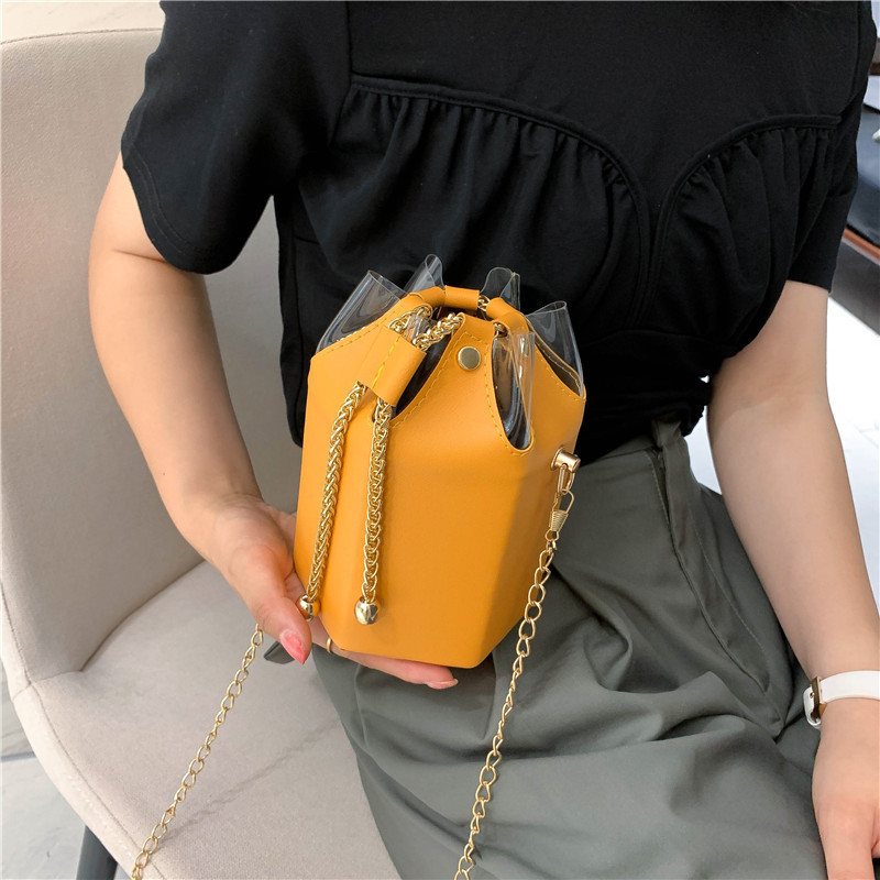 ins simple bag chain bucket bag casual shoulder bag pull-belt Women's bag mini bag fashion messenger bag fashion