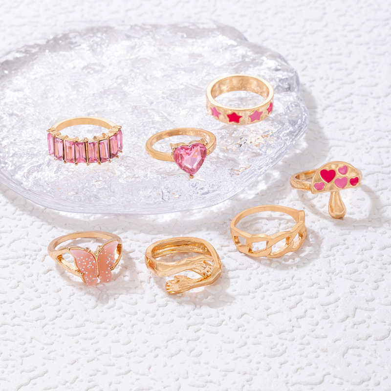 AliExpress pink drip mushroom XINGX ring set butterfly heart shape with diamond palm ring seven-piece