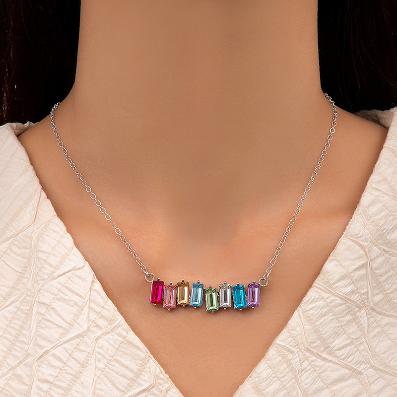 Europe and America cross border Foreign trade ornament color square diamond single necklace geometric chain imitation gem single layer clavicle chain