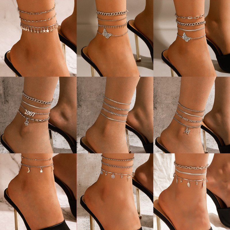 Europe and America cross border foot accessories ins cold metallic butterfly geometric tassel hollow butterfly anklet four-piece set