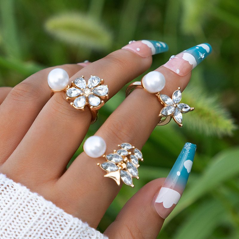 Amazon foreign trade new flower rhinestone-embedded open ring set geometric irregular pearl three-piece ring set