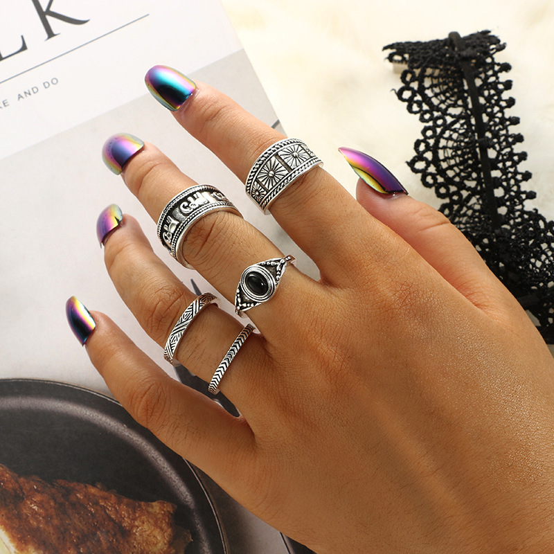 AliExpress new knuckle ring European and American boho totem Black Onyx 5-piece ring set