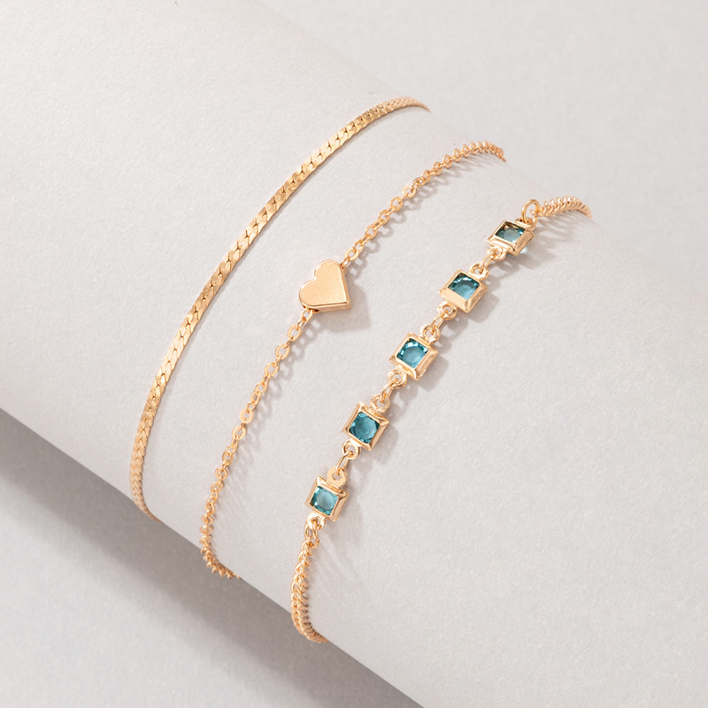 AliExpress cross-border simple jewelry blue diamond three-layer bracelet heart geometric metal bracelet set
