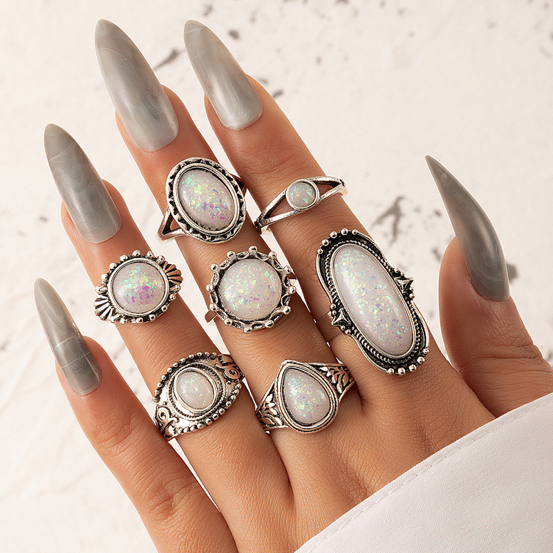 Europe and America cross border ring set vintage geometric Round Oval imitation opal gem seven-piece ring set finger knuckle ring