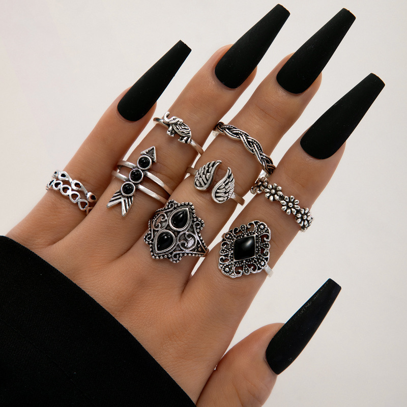 Cross-border European and American ornament wholesale bohemian Retro style black dripping wings elephant ring 9-piece set for women