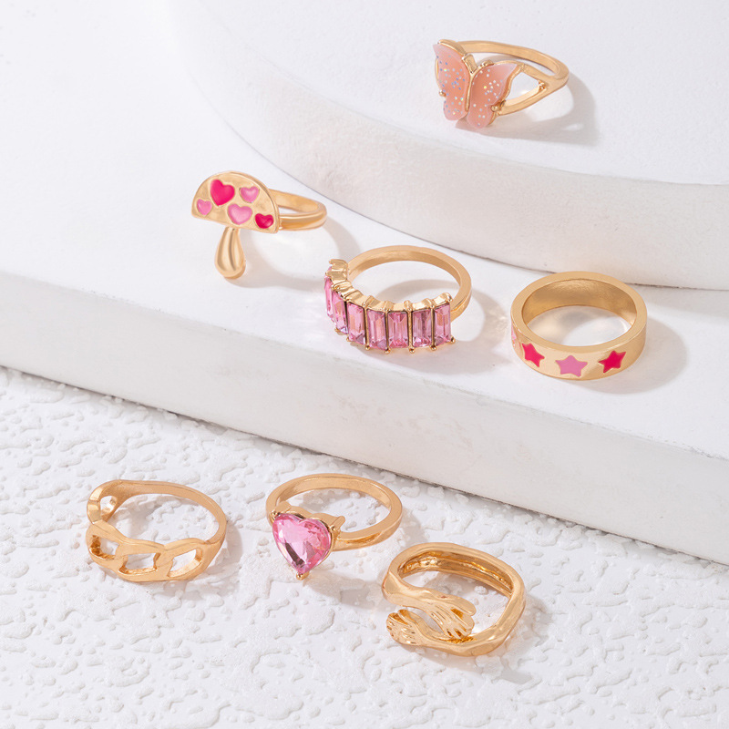 AliExpress pink drip mushroom XINGX ring set butterfly heart shape with diamond palm ring seven-piece