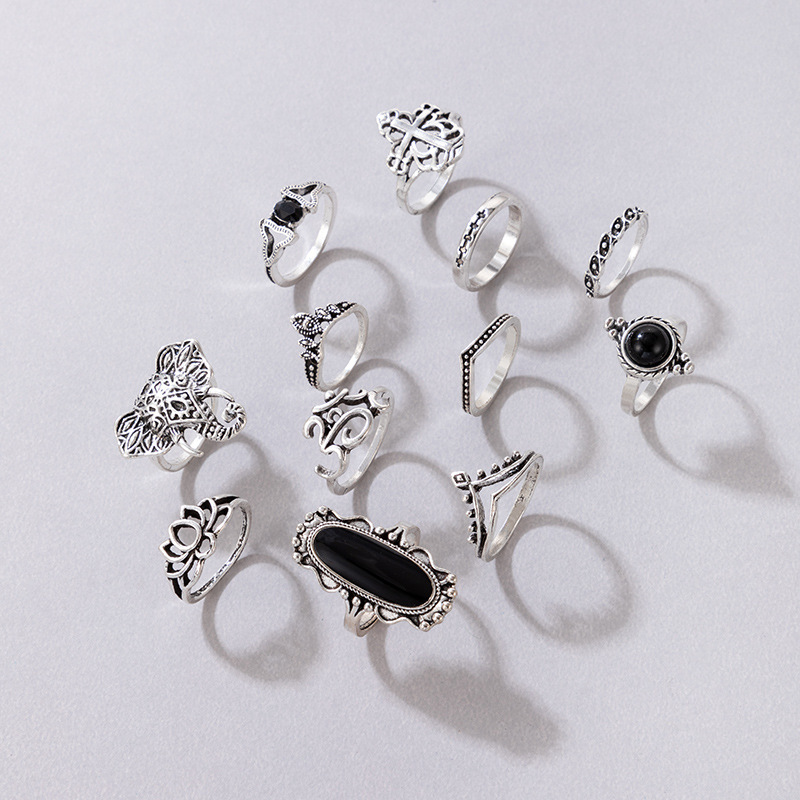 European and American fashion retro black gem drop Diamond Geometric hollow Lotus set rings 11-piece set knuckle ring