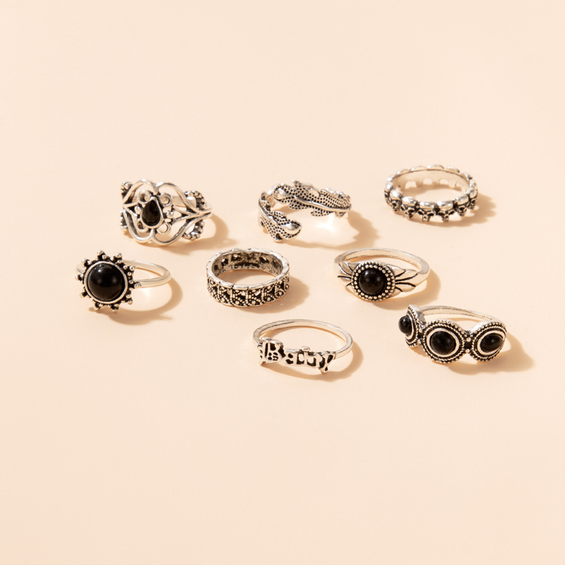 Europe and America cross border ornament black imitation diamond letters eight-piece set ring vintage skull leaf ring set