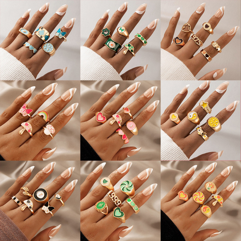 Europe and America cross border ins style ring colored loving heart flower pastoral style butterfly mushroom tai chi five-piece ring
