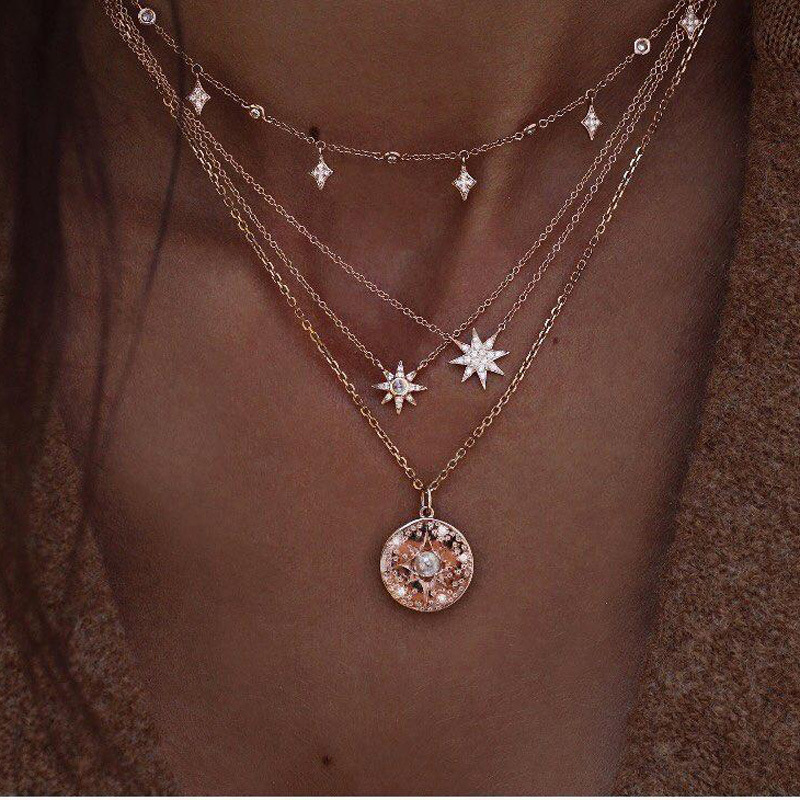 2018 AliExpress new accessories multi-layer rhombus six-pointed star diamond-studded necklace geometric multi-layer short pearl necklace