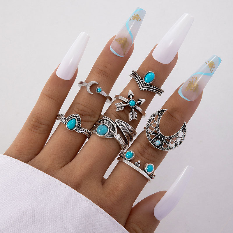 Europe and America cross border new boho turquoise exaggerated Moon leaves arrow knuckle ring ring seven-piece