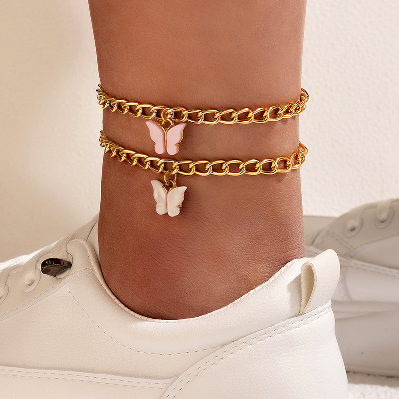 Amazon cross-border new arrival foot ornaments colorful oil necklace chain multi-layer anklet diamond butterfly wafer anklet