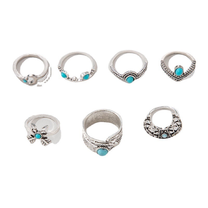 Europe and America cross border new boho turquoise exaggerated Moon leaves arrow knuckle ring ring seven-piece