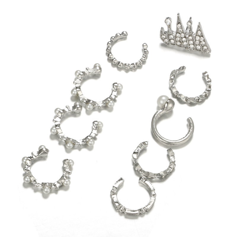 Cross-Border sold jewelry wish bohemian Pearl irregular with personality geometric nine-piece set ear clip combination earrings