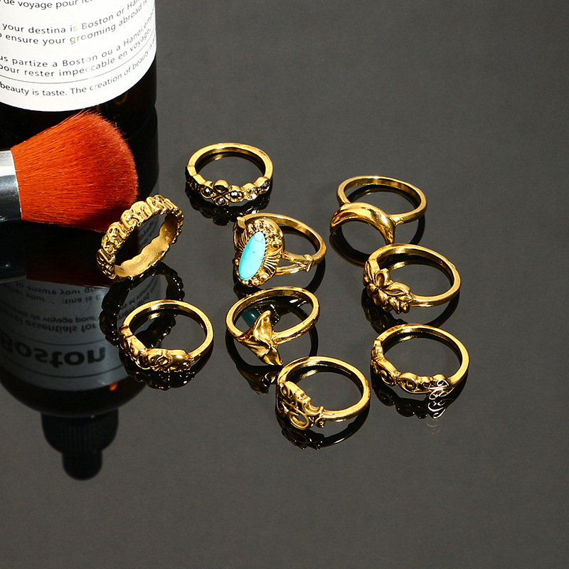 AliExpress ring set vintage totem elephant turquoise ring Lotus fishtail alloy ring nine-piece set