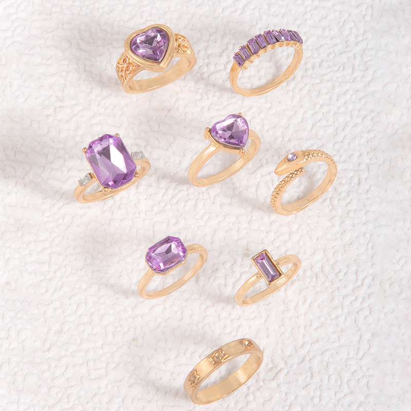 Europe and America cross border light luxury ornament purple diamond-embedded love eight-piece set ring peach heart snake-shaped match sets ring