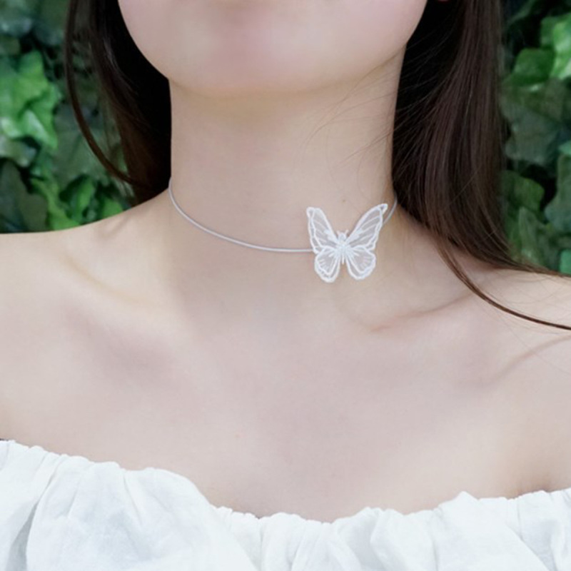 Europe and America cross border fashion pearl necklace White Butterfly lace necklace geometric fabric flower clavicle chain