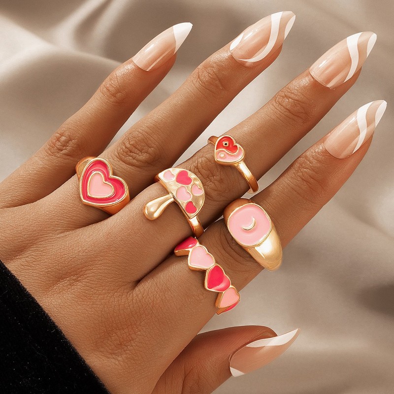 Europe and America cross border ins style ring colored loving heart flower pastoral style butterfly mushroom tai chi five-piece ring