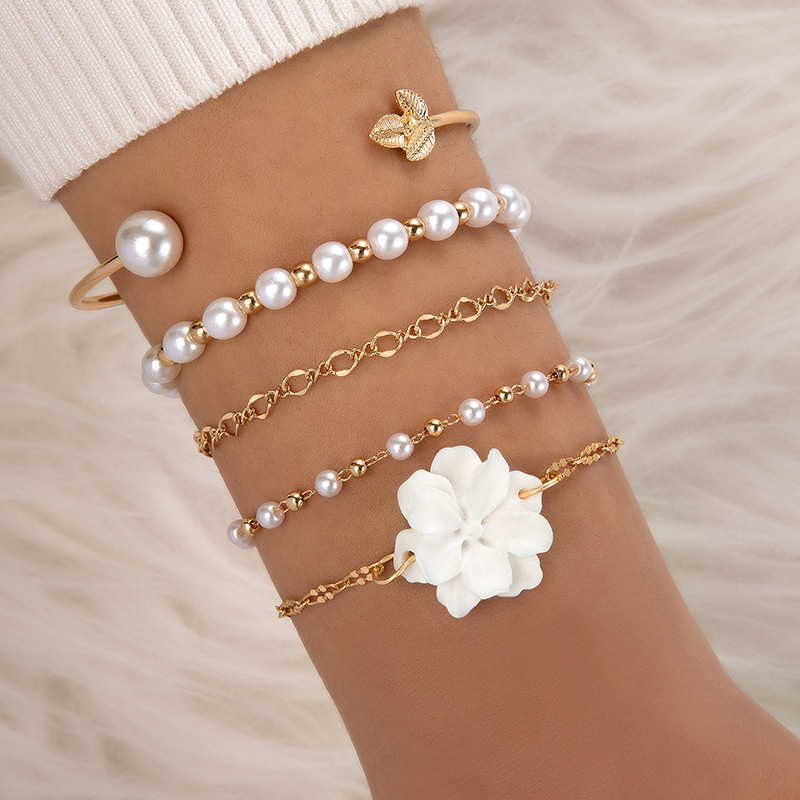European and American temperament fresh personality holiday twin style white flower japonica rice beads bracelet open five-piece set Bangle Bracelet