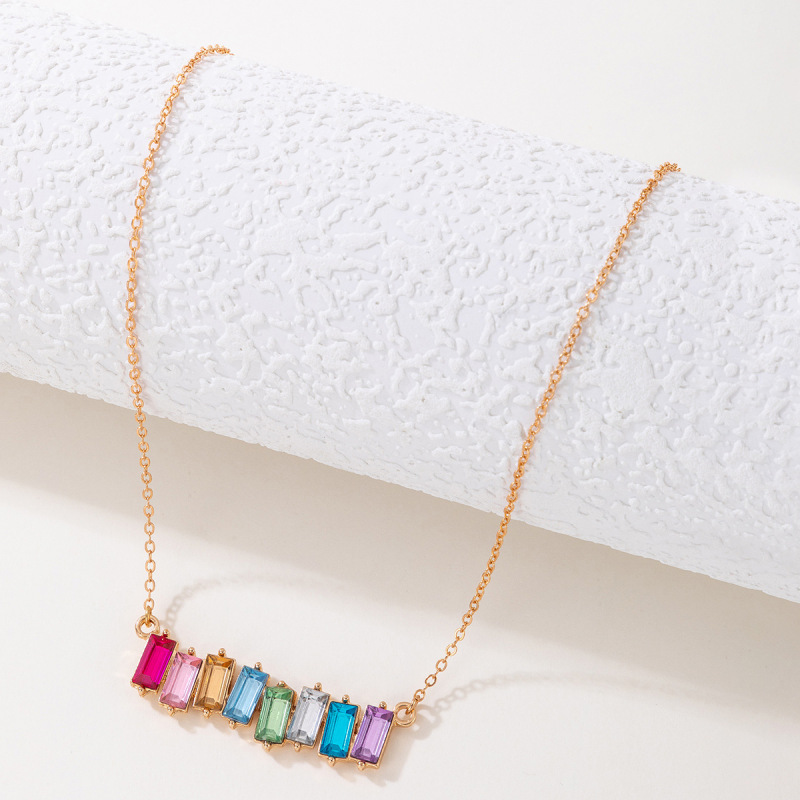 Europe and America cross border Foreign trade ornament color square diamond single necklace geometric chain imitation gem single layer clavicle chain