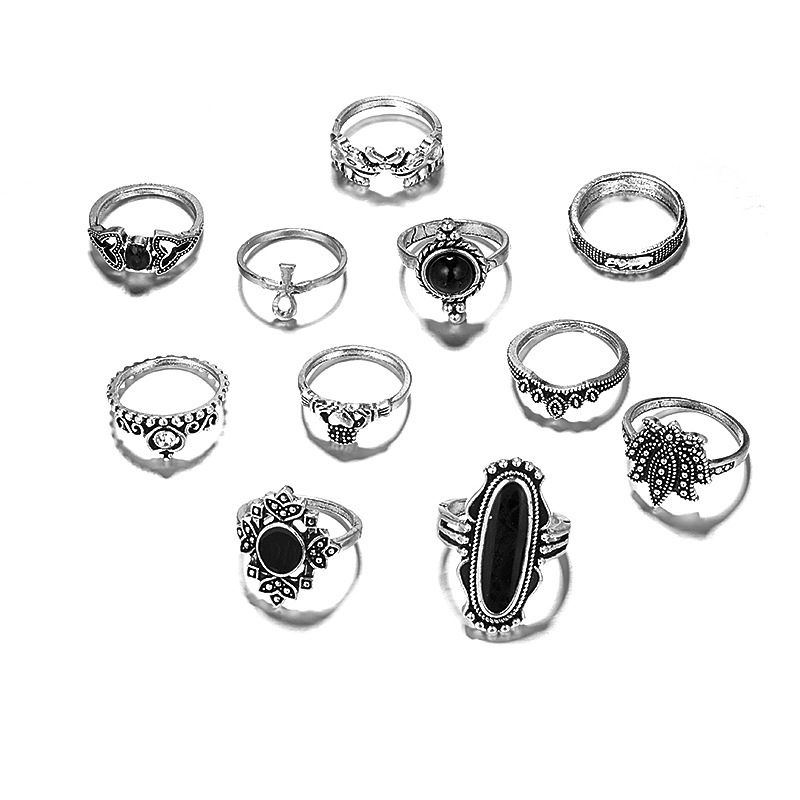 Amazon cross-border new arrival fashion personality Black Onyx Diamond Flower love animal alloy ring 11-piece set