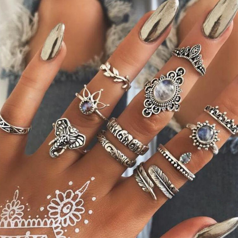 2018 Europe and America cross border ring set fashion retro creative elephant water drop colorful crystals gem crown ring 12-piece set