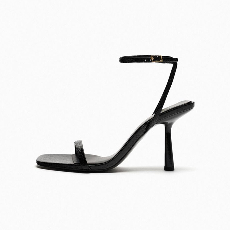 Z women's shoes 2023 Summer new thin strap square toe open toe snakeskin heels thin heel elegant strap sandals for women