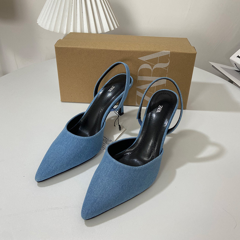 ZA women's shoes 2023 Summer new blue color denim pointed high heels women's low-cut toe cap slingback stiletto sandals