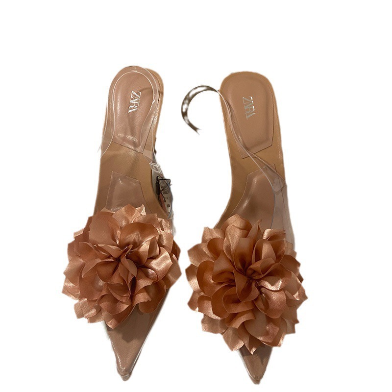 ZA2023 summer new low-cut toe cap pointed high heels women's stiletto sexy all-match transparent flower sandals