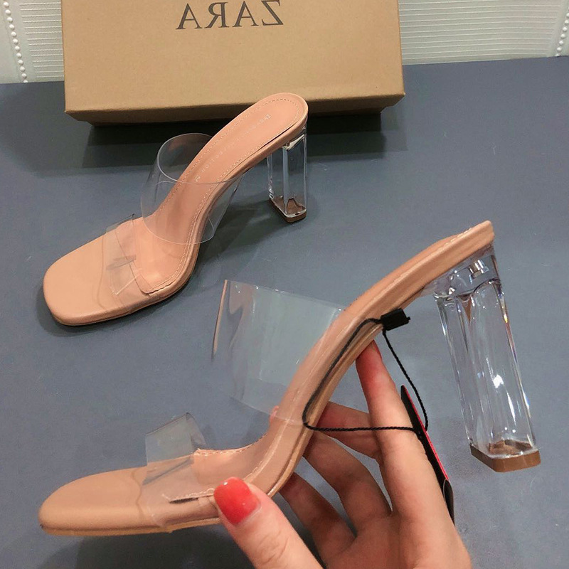 ZA New 2023 square toe crystal heel semi-slipper sandals fashion all-match one strap clear heel high heels women's outer wear