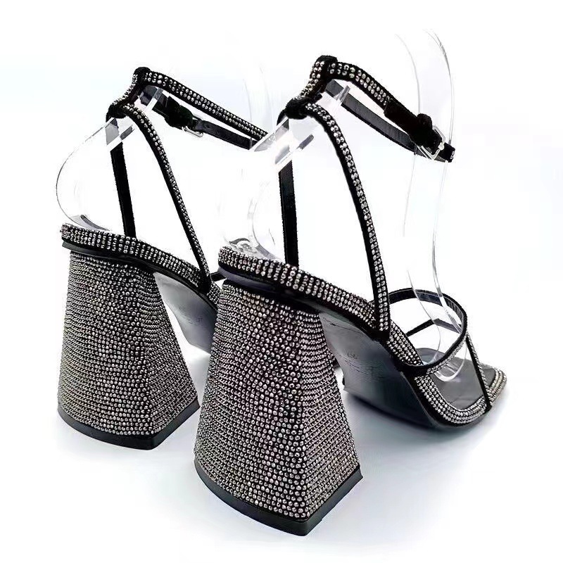 ZA women's shoes 2023 new metal silver rhinestone chunky heel stiletto high heels open toe square toe ankle strap sandals