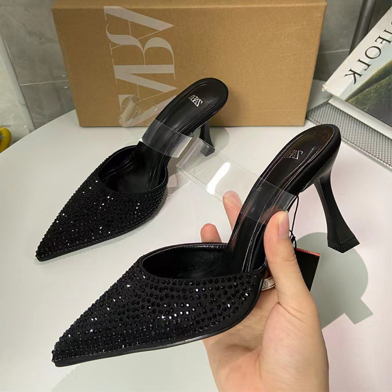 ZA women's shoes new French style pointed toe toe cap high heels black rhinestone shallow mouth PVC strap slingback sandals women