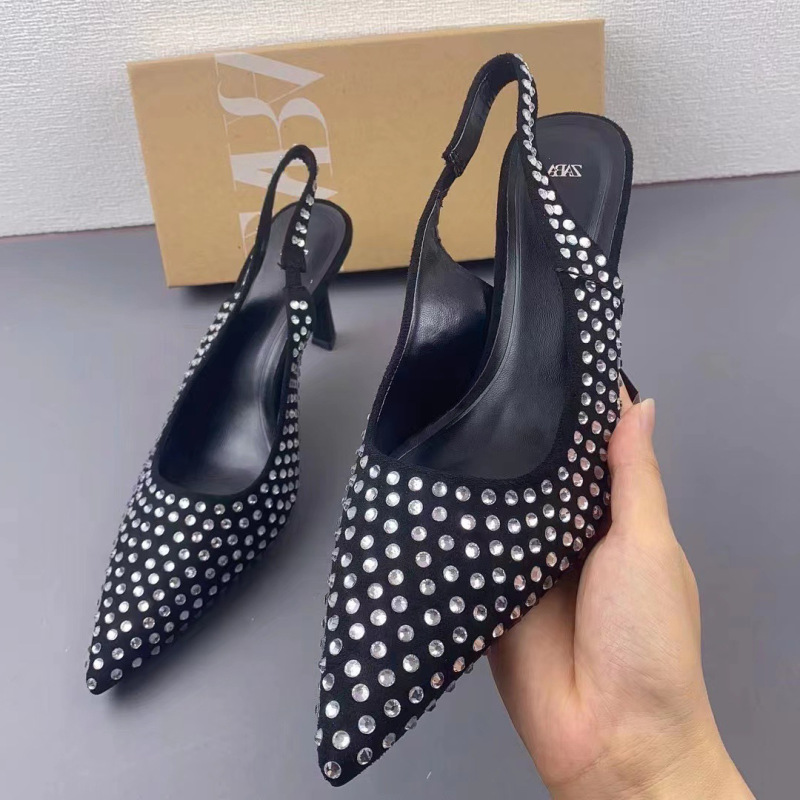 Foreign trade ZA women's shoes new low-cut rhinestone pointed high heels women's stiletto sexy fashion back strap open heel shoes