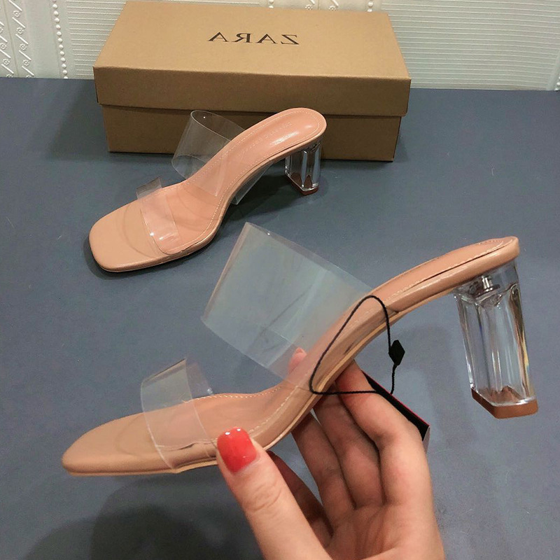 ZA New 2023 square toe crystal heel semi-slipper sandals fashion all-match one strap clear heel high heels women's outer wear