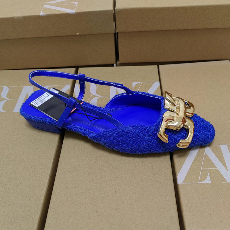 ZA women's shoes 2023 new blue color closed toe half slippers women's outer wear summer metal decorations buckle flat mules