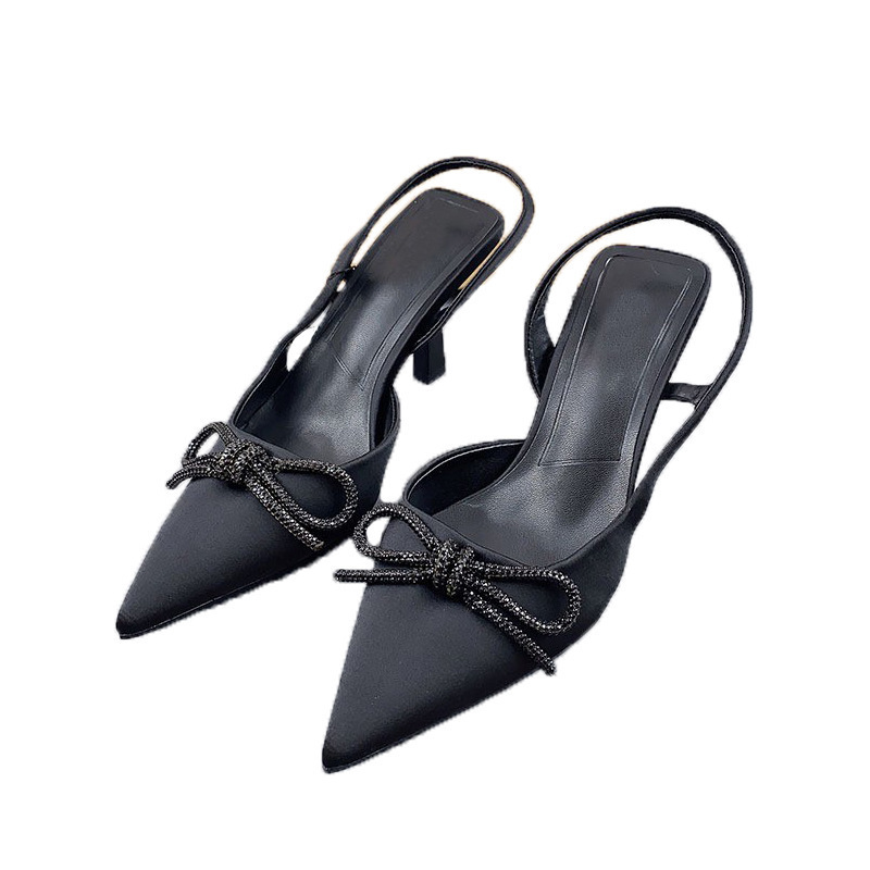 Foreign trade cross-border Z women's shoes 2023 Summer new black high heels stiletto heel pointed toe toe cap bow sandals