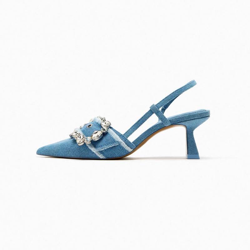 ZA2023 autumn new women's shoes navy blue buckle decoration pointed toe slingback high heels women's stiletto heel denim sandals