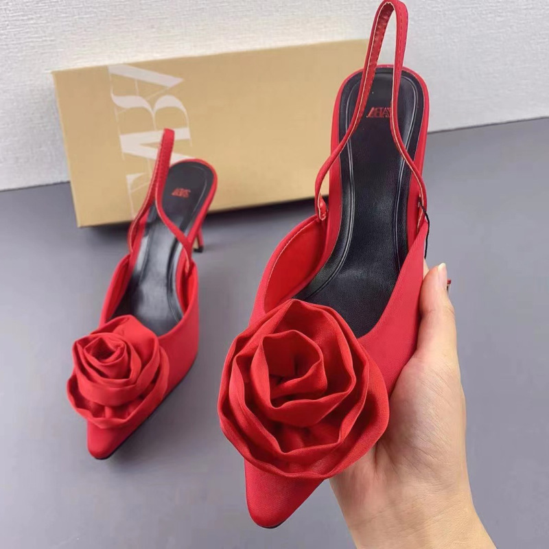 ZA women's shoes 2023 New rose flower high heels stiletto heel red wedding shoes shallow mouth back empty pointed toe closed toe sandals