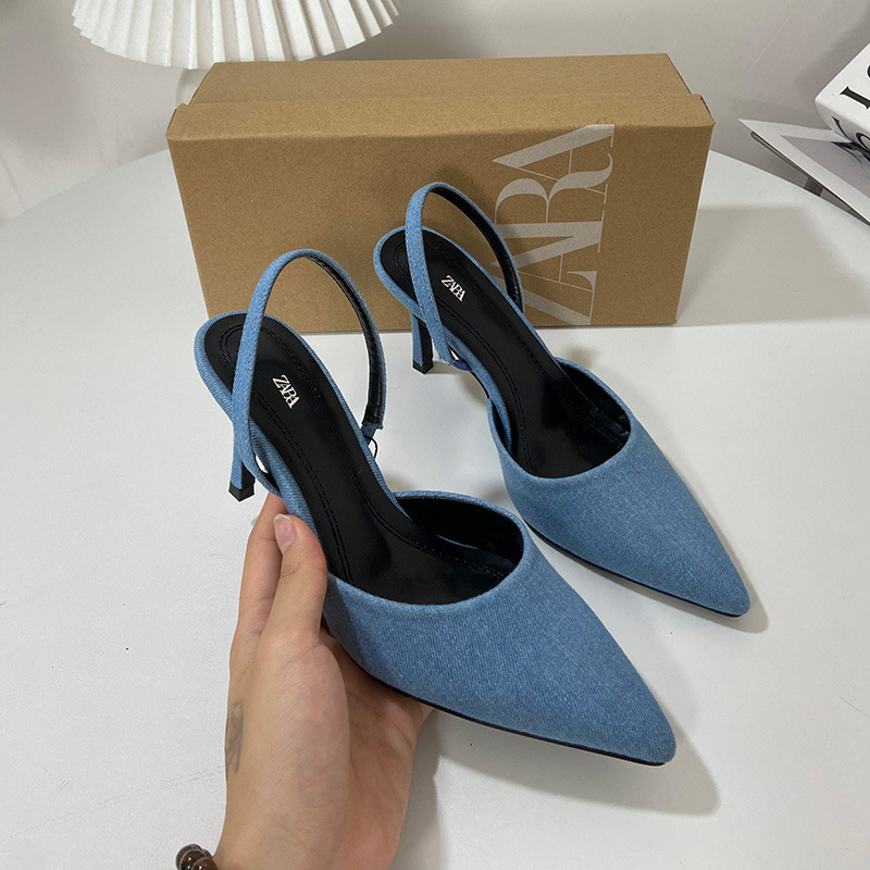 ZA women's shoes 2023 Summer new blue color denim pointed high heels women's low-cut toe cap slingback stiletto sandals