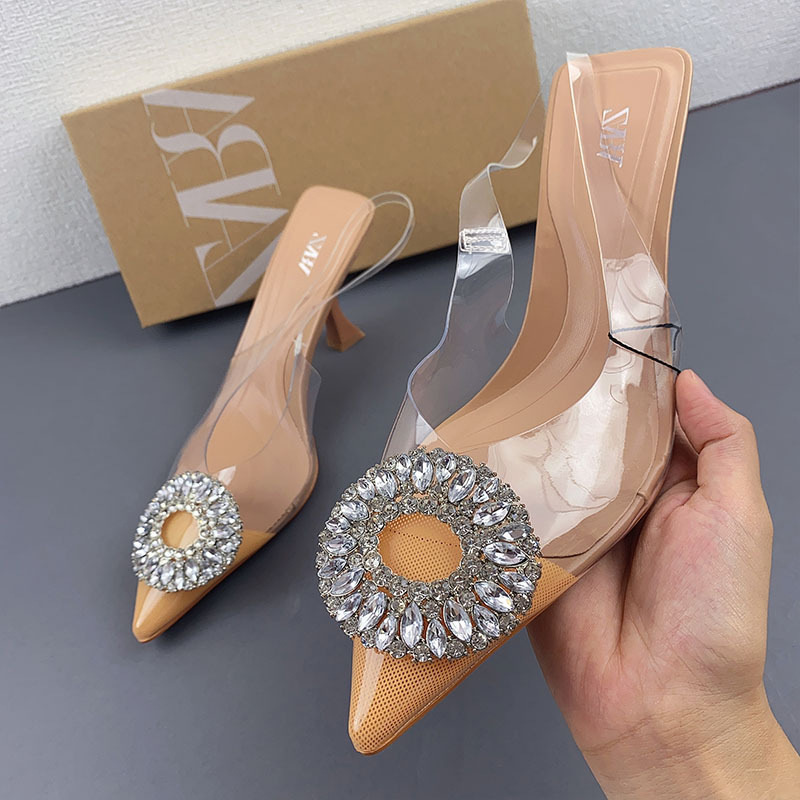 Foreign trade ZA high heels new fairy temperamental crystal transparent mules shoes pointed toe toe cap round buckle rhinestone sandals for women