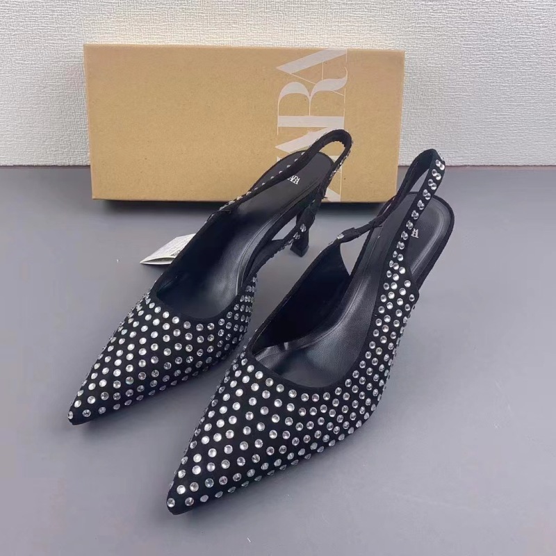 Foreign trade ZA women's shoes new low-cut rhinestone pointed high heels women's stiletto sexy fashion back strap open heel shoes