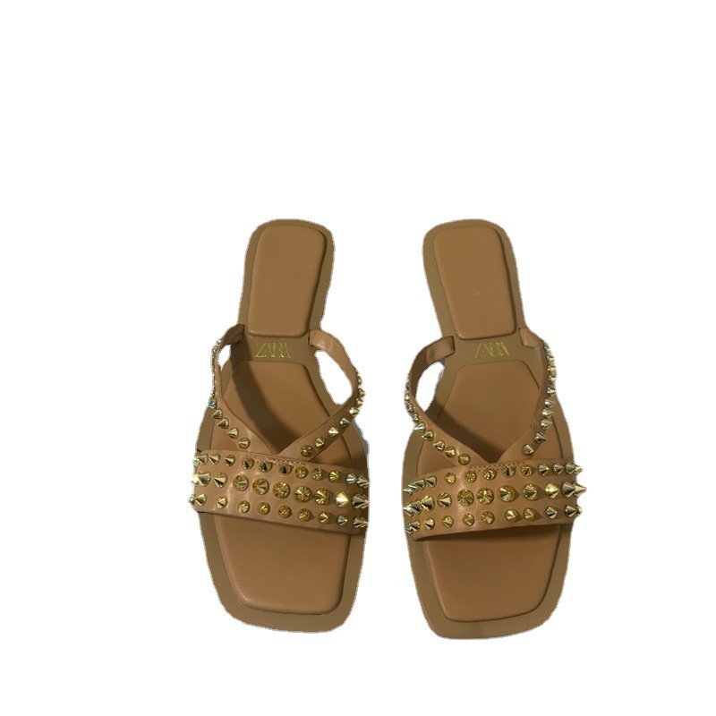 Z's 2023 new one-strap metal rivet slippers women's summer outdoor square toe open toe back empty flat sandals
