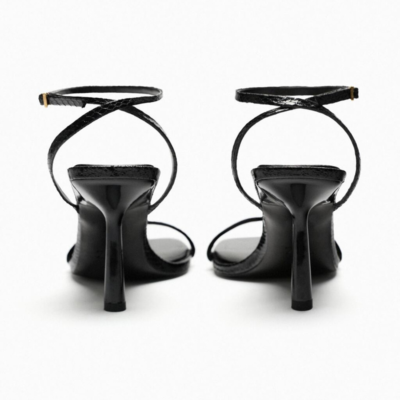 Z women's shoes 2023 Summer new thin strap square toe open toe snakeskin heels thin heel elegant strap sandals for women