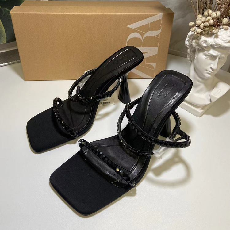 Spanish Foreign trade ZA shoes 2023 new French style ankle-strap stilettos water brick shiny ornament square toe thin strap high heel sandals