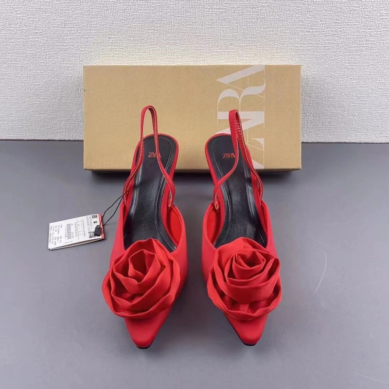 ZA women's shoes 2023 New rose flower high heels stiletto heel red wedding shoes shallow mouth back empty pointed toe closed toe sandals