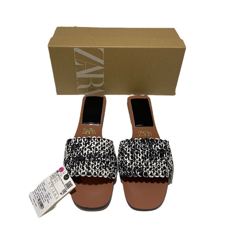 ZA2023 New woven flat slippers women's summer outer wear with black square toe open toe rear empty semi-slipper sandals